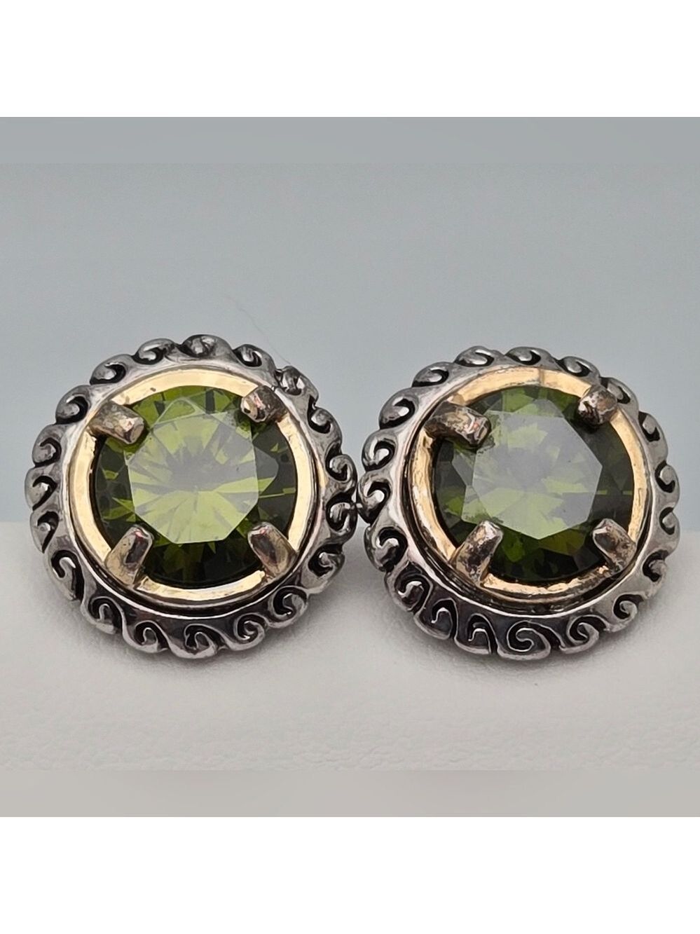 Peridot Stud Earrings Oxidized Silver Textured Band 5/8” Excellent Olive Green